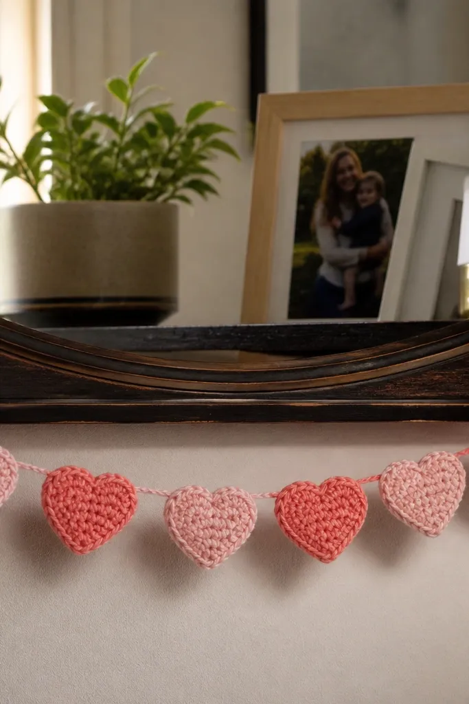 Six tiny crocheted hearts strung together on a short garland