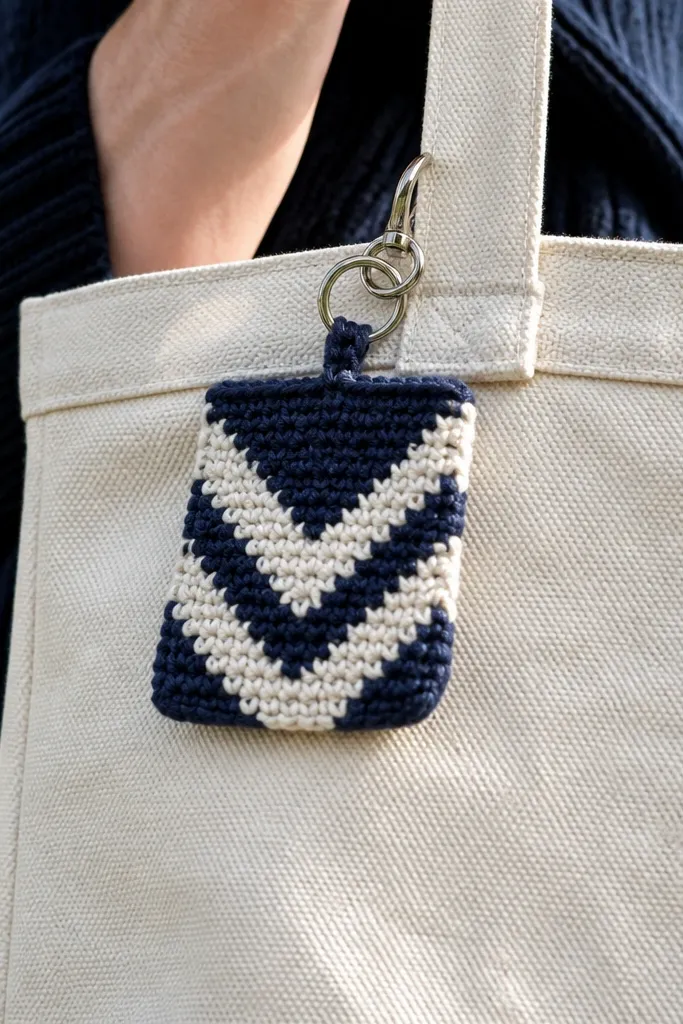 A small chevron-pattern crochet tag with a keychain ring