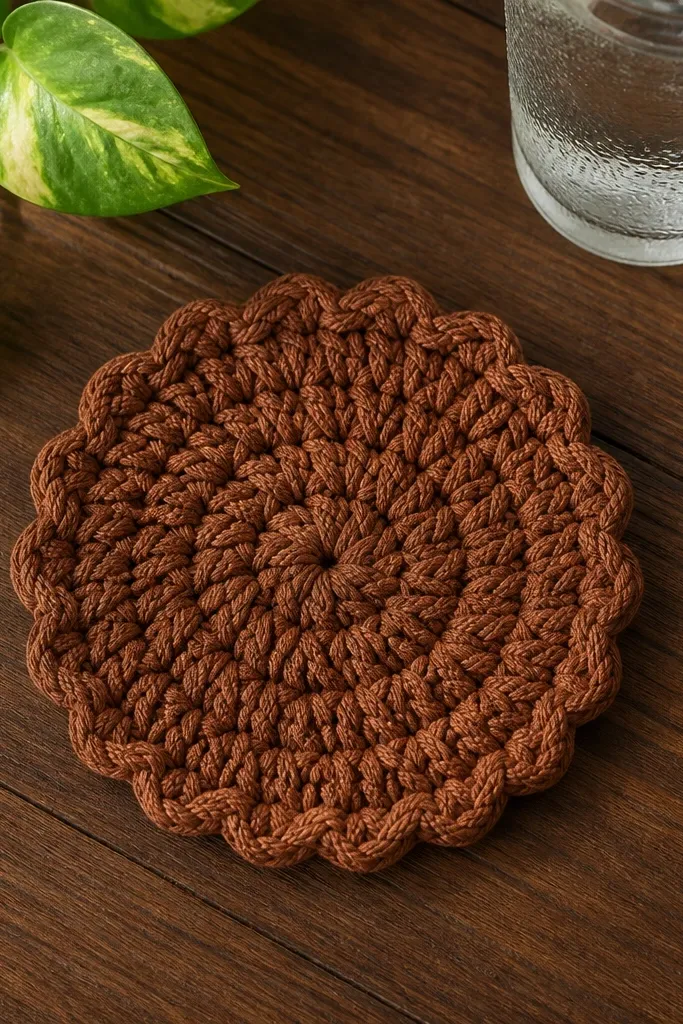 A round braided-looking crochet coaster in one color