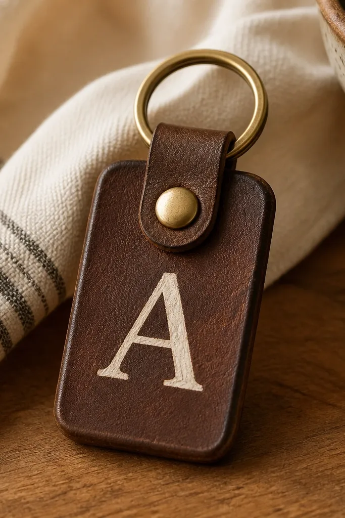 A small rectangular leather key fob made from a brown thrifted belt, with a hand-painted single-letter initial in cream paint centered on the front. The edges are burnished, and a brass snap and key ring sit at the top.