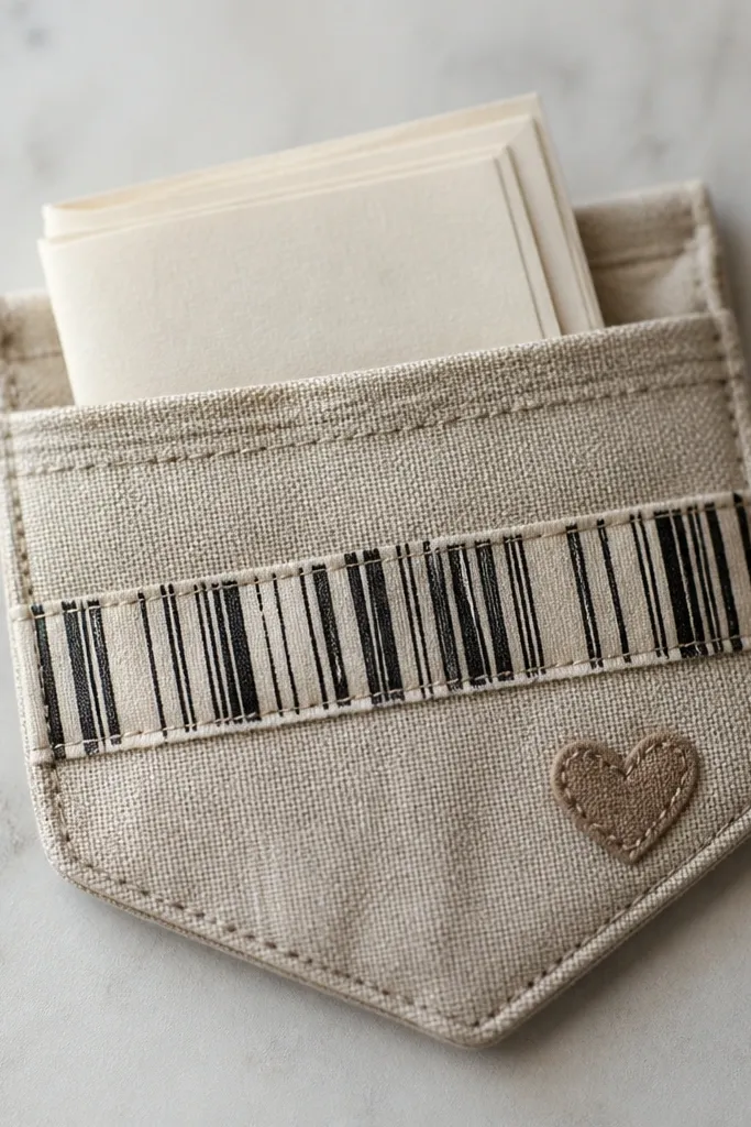 A tiny stack of folded notes tucked into a stitched fabric pouch shaped like a pocket, with a strip of printed barcode-pattern fabric on the front and a small stitched heart on the corner.