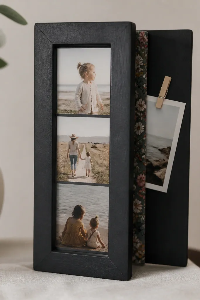 A small rectangular picture frame painted matte black, holding a vertical strip of three photos. The frame has a fabric hinge on the side made from patterned cotton, and a tiny clothespin holds a fourth photo behind the strip.