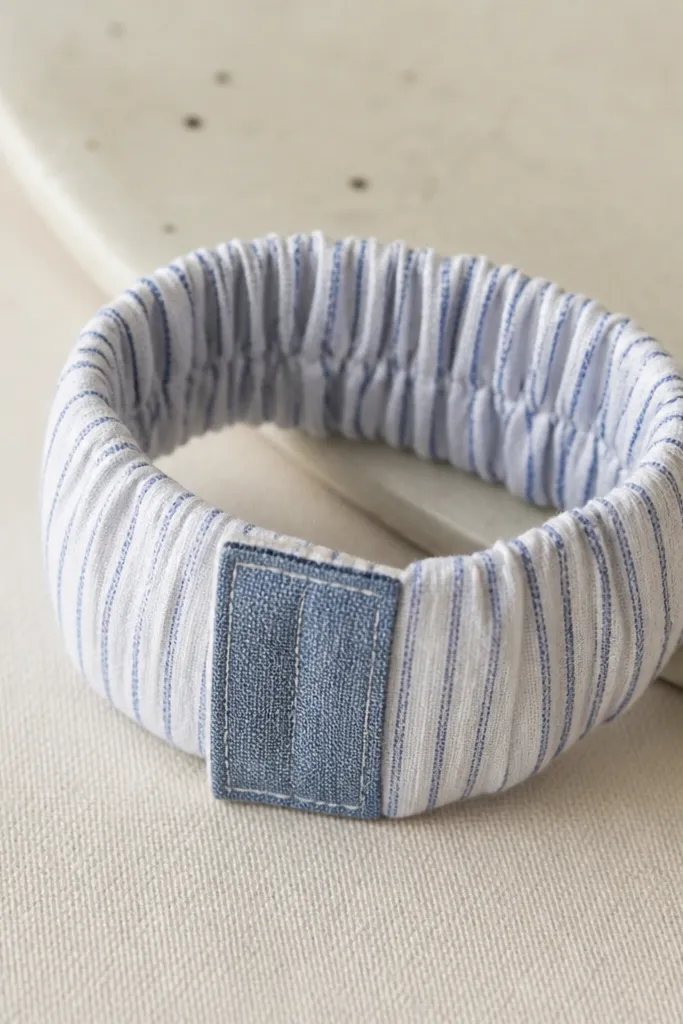 A soft cuff bracelet made from a faded striped shirt sleeve, gathered at the top with elastic. The outer edge has a stitched seam and a small patch of contrasting fabric at the clasp.