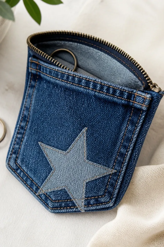 A small key pouch made from a blue denim jeans pocket, with a short metal zipper on top. There's a stitched patch of a lighter denim star near the bottom and a small key ring inside.