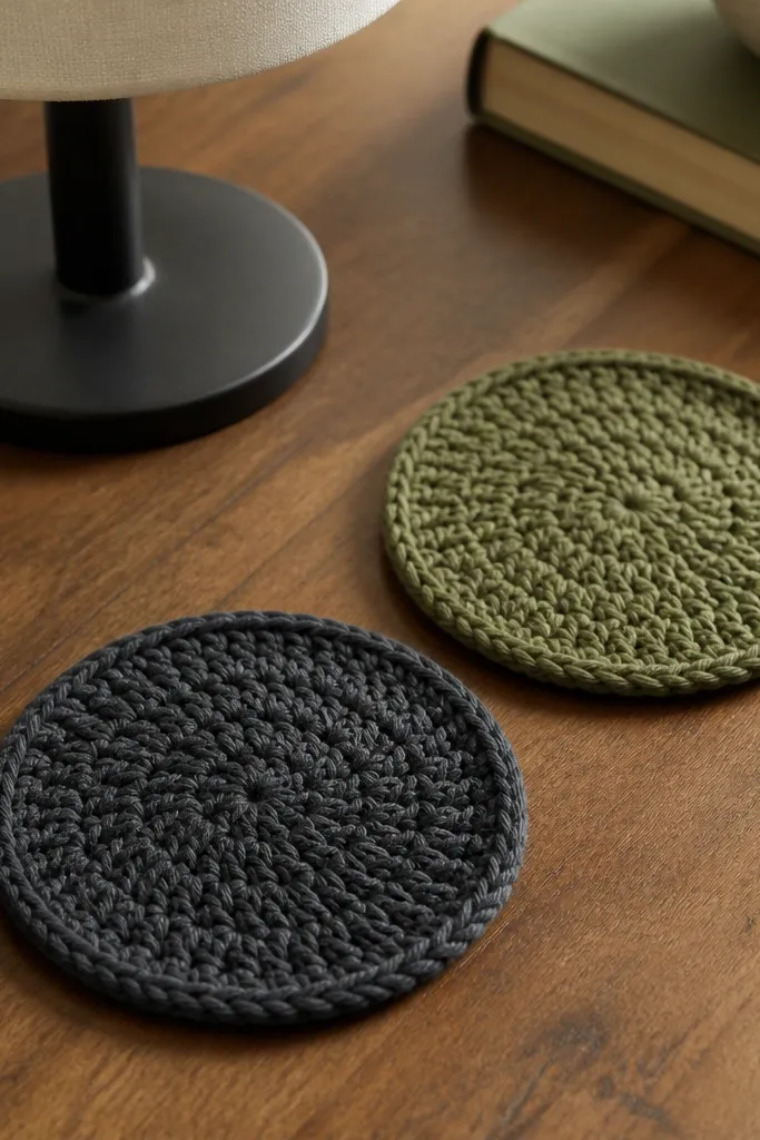 Two round crocheted coasters in dark gray and olive green, with a textured stitch pattern and a small stitched border. They sit on a wooden desk near a lamp base.