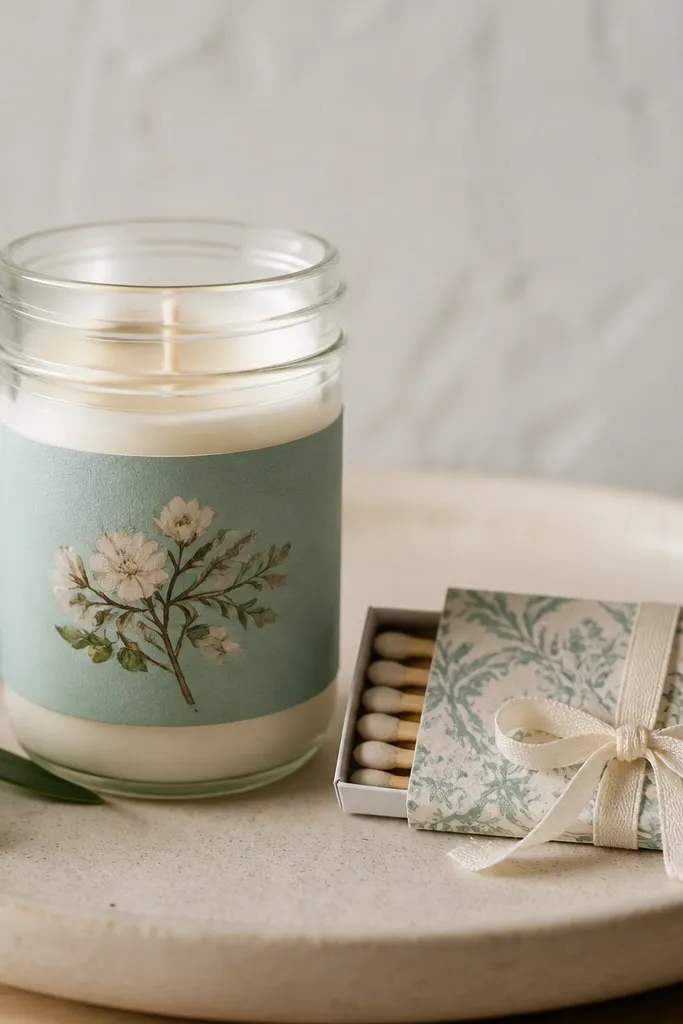 A small mason jar candle with a custom paper label painted in muted teal. A mini matchbook wrap made from patterned cardstock sits beside it, with a handwritten word and a ribbon tie.