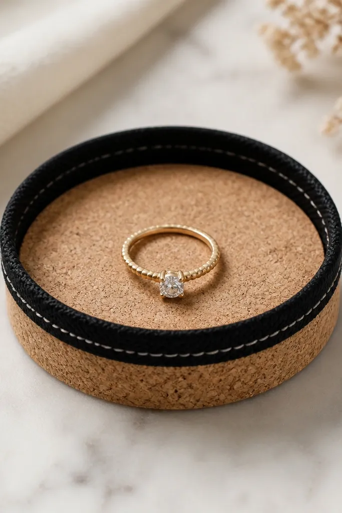 A round mini ring dish made from a sliced cork disk, with a stitched fabric rim in black. The inside is smooth and sealed, and a ring sits in the center.
