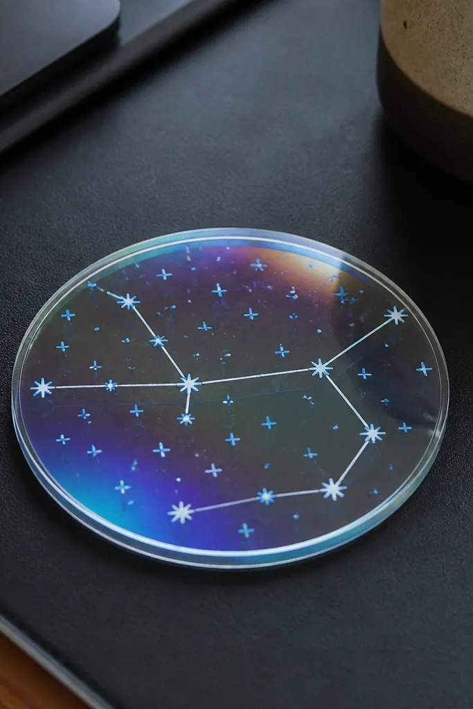 A round coaster made from an old CD, with a clear top layer and a constellation drawn in white and light blue Sharpie. The coaster sits on a dark desk mat.