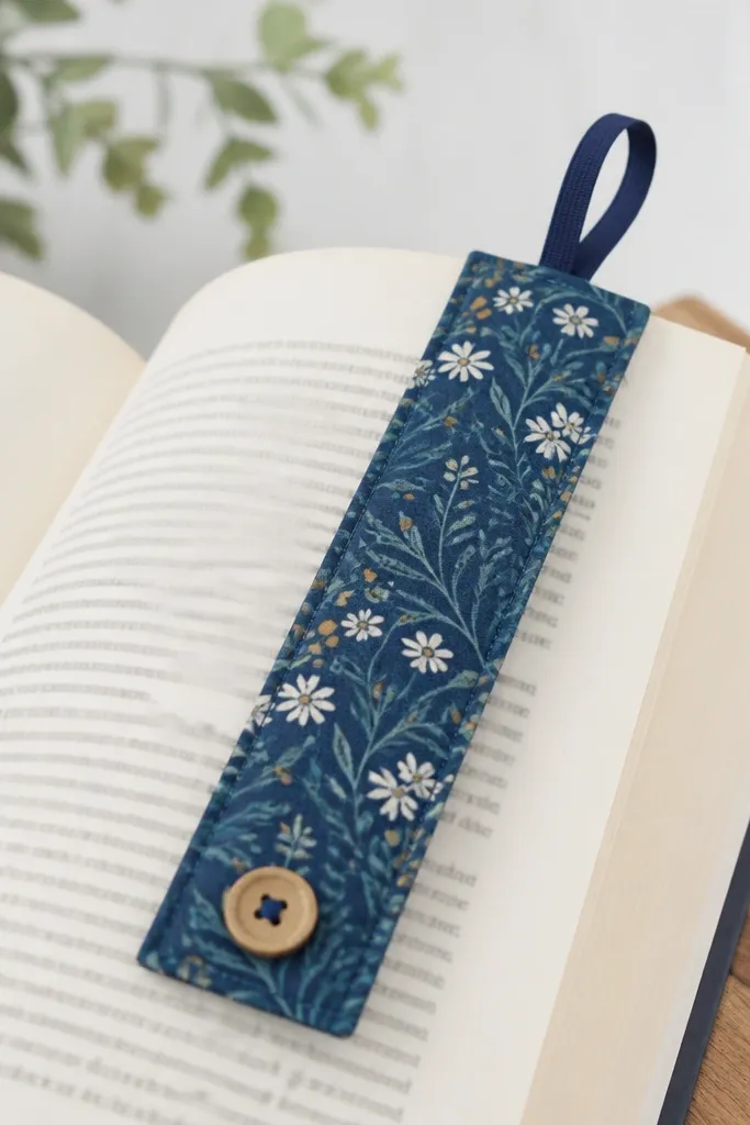A fabric bookmark about 2 inches wide with a patterned cotton body and a small button on one end. A thin elastic loop holds the page, and the bookmark has straight stitched edges.
