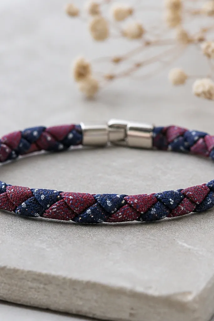 A slim bracelet made from two recycled necktie strips, braided with a simple knot pattern. It has a small metal clasp and a neat woven look.