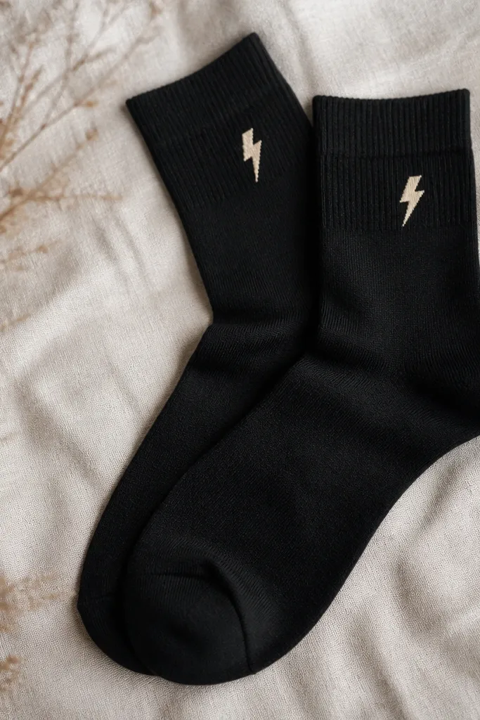A pair of plain black socks with a small hand-painted icon near the ankle - a tiny cream lightning bolt. The paint is matte, and the toe area looks intact with no cracking.