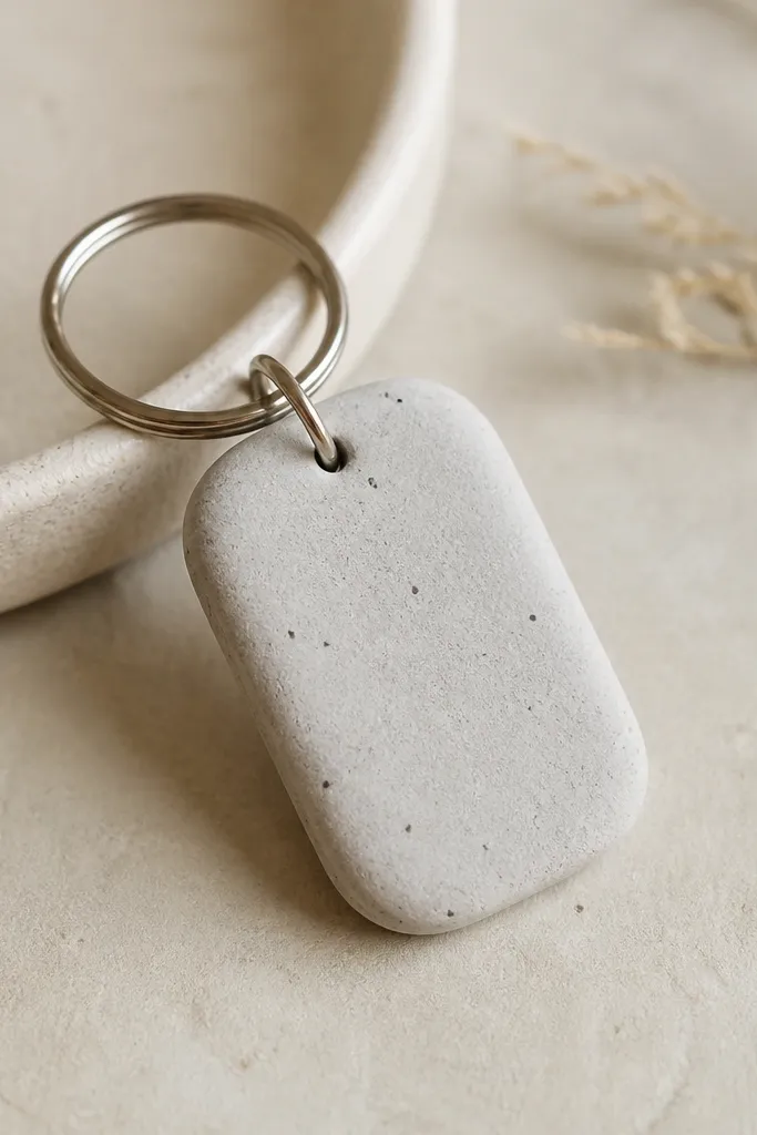 A small keychain charm made from air-dry clay, shaped like a rounded rectangle. It has a faux concrete finish with tiny gray speckles and a small metal key ring attached at the top.