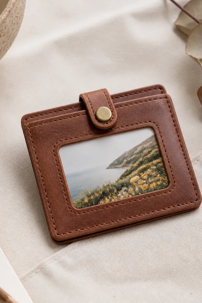 A slim card holder made from upcycled leather or vegan leather, with a small photo window on the front. It has a stitched border and a snap button closure.