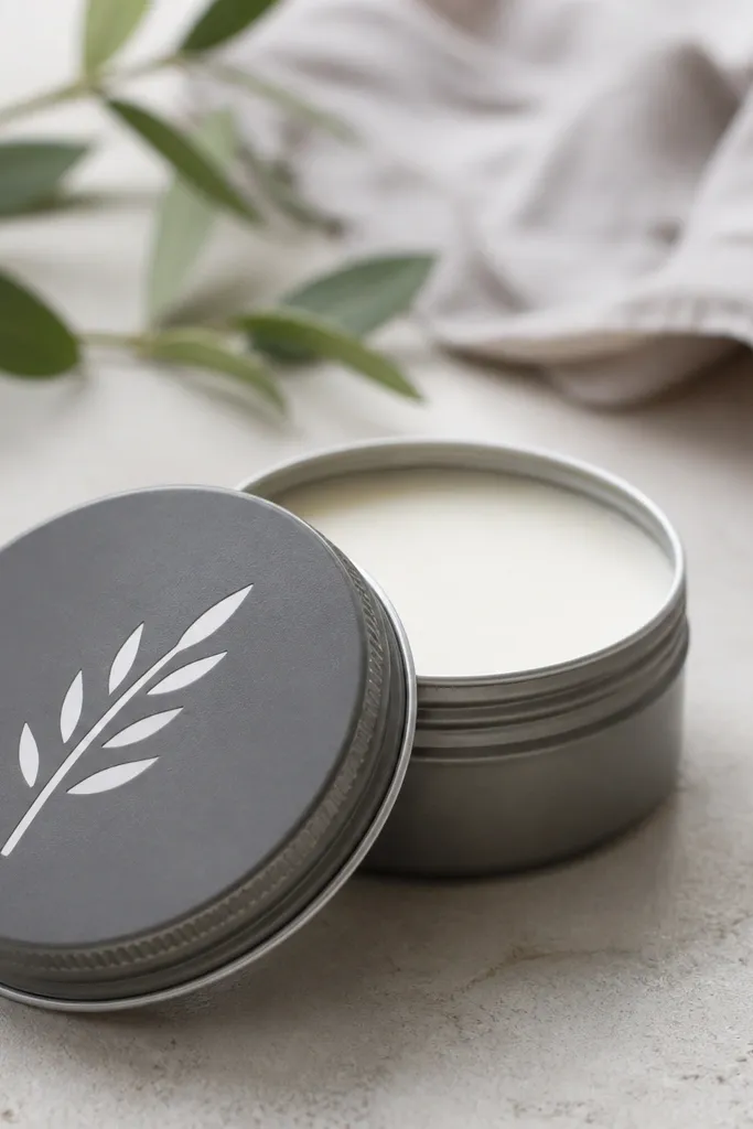A small round tin with a stencil pattern on the lid - a simple leaf or lightning icon in white. Inside is a soy wax melt, and the tin has a screw-top.