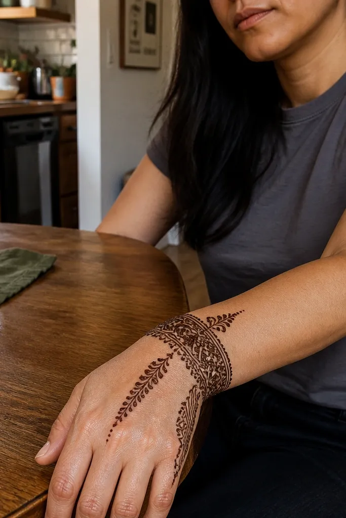 Arabic wrist band with a single vertical teardrop spine on the back of the hand