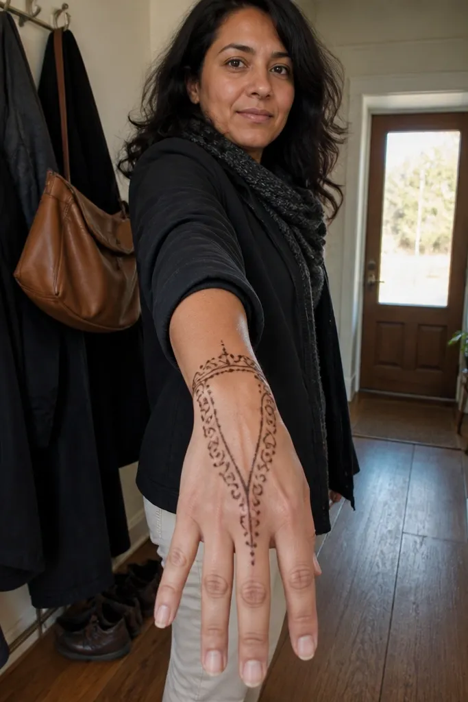 V-shaped scroll lines from wrist to knuckles with light dot filler on the back hand