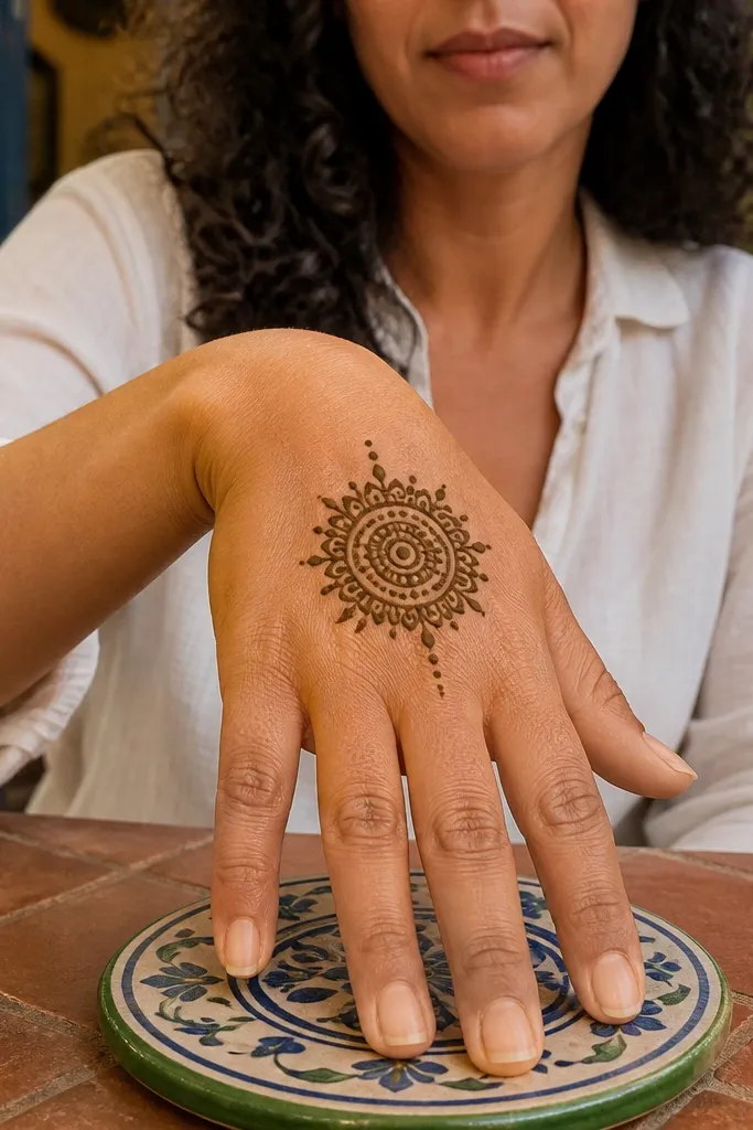 Small mandala circle in the center of the back hand with dotted rays
