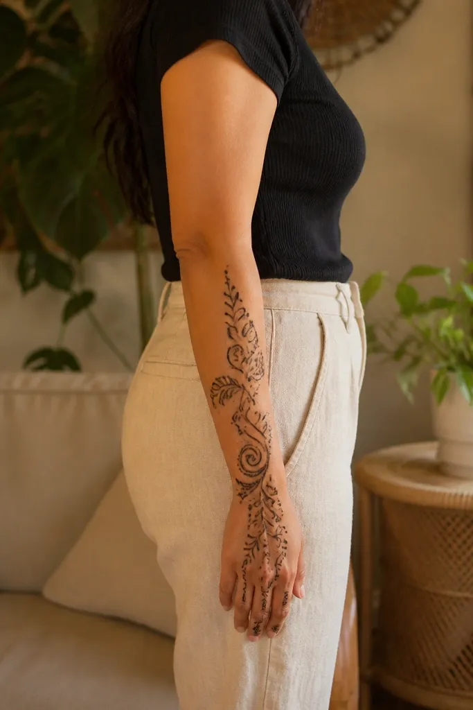 Half-hand arabesque vine wrap with curled leaf tips and light dots