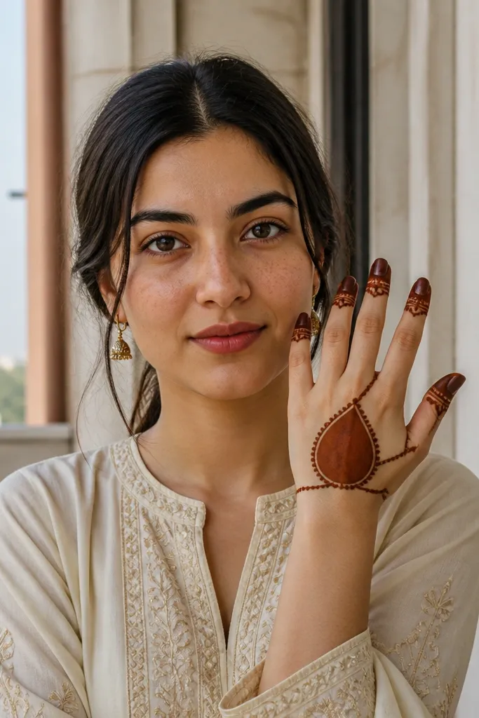 Small back hand mehndi with a central teardrop, two side bridges, and finger caps