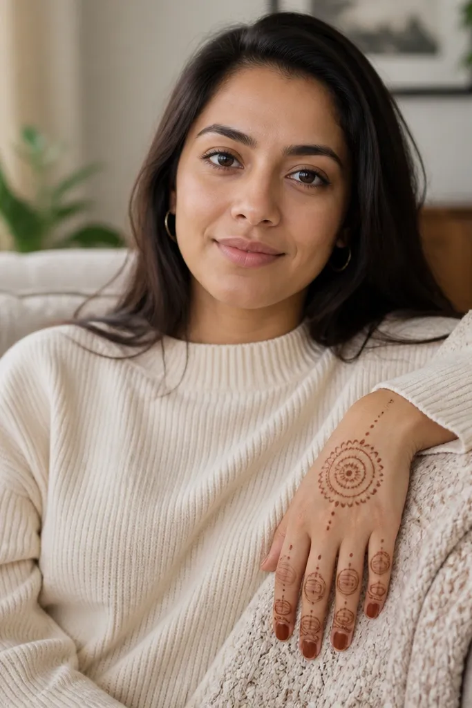 Back hand mehndi with finger caps and a small medallion around a center dot