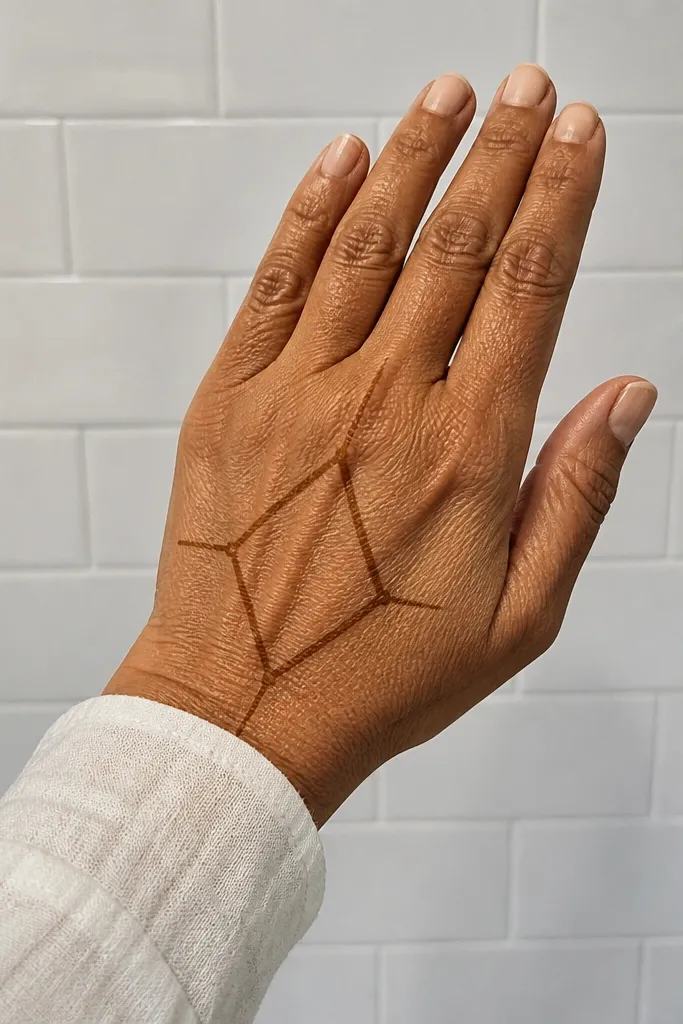 Geometric kite frame on back hand with small corner lines and finger caps