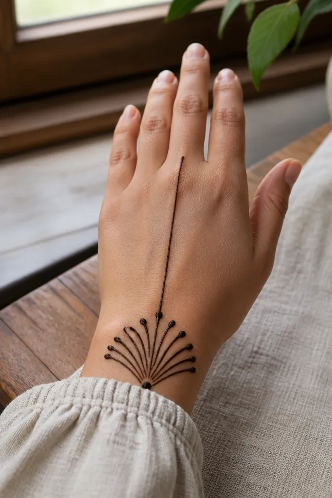 Back hand mehndi with a wrist fan and a vertical line up the center