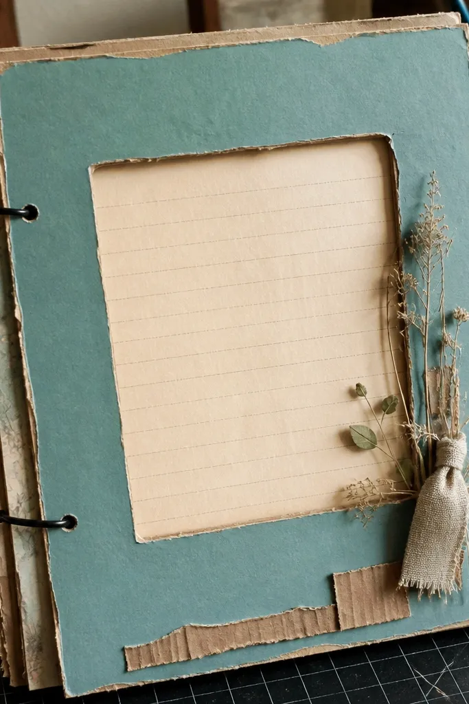 Small scrapbook page with a thick cereal-box frame and a window opening