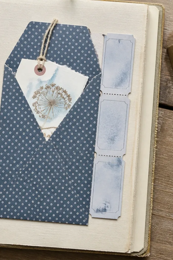 Scrapbook page with an envelope pocket and a ticket-style strip sticking out