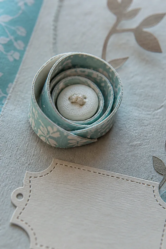 Scrapbook page with a rolled paper strip and a small button in the center