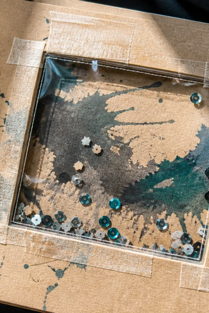 Scrapbook page with a shaker window made from clear film and ink splashes