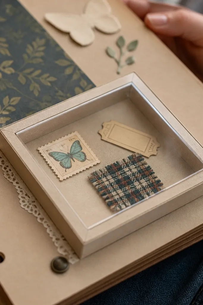 Scrapbook page with a small shadow box area popping out from the background