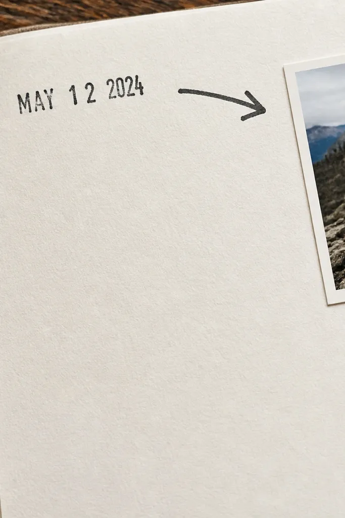Scrapbook page corner with a date stamp and a hand-drawn arrow pointing to a