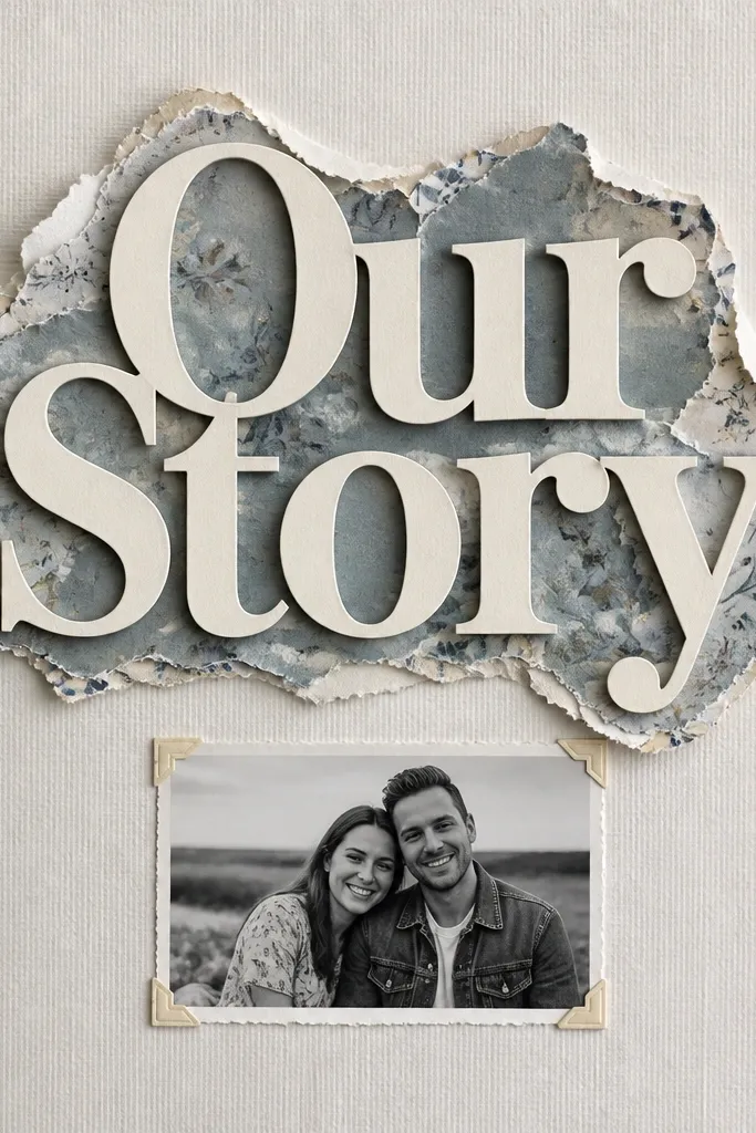 Scrapbook page with torn paper backing behind a cutout title