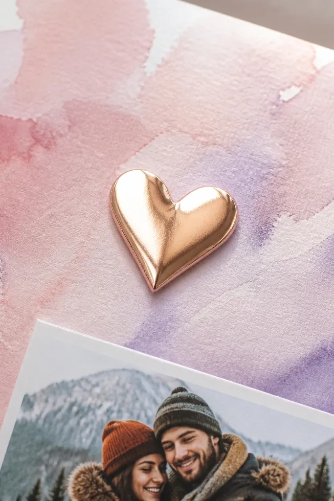 Soft watercolor wash background with a single foil heart on a scrapbook page
