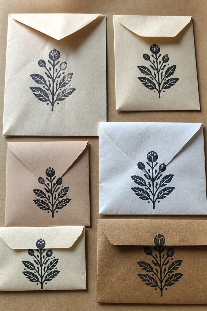 Scrapbook page using stamped envelope scraps as layered mats