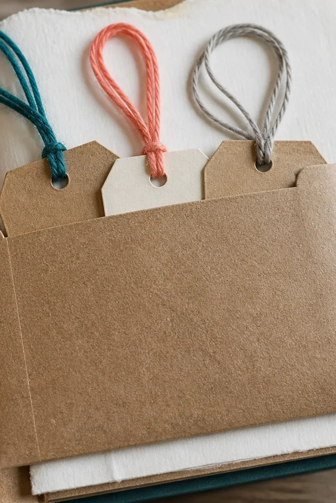 Scrapbook page with a pocket and a tag pulled out with a thread loop