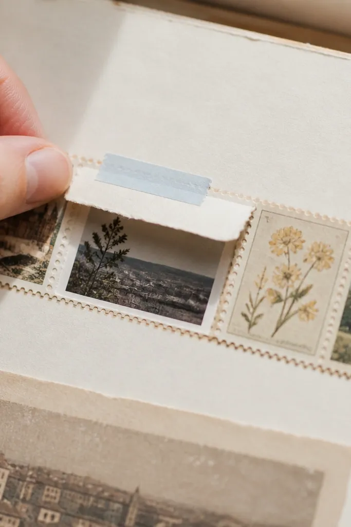 Scrapbook page with a strip of stamp-like pieces hinged with washi tape