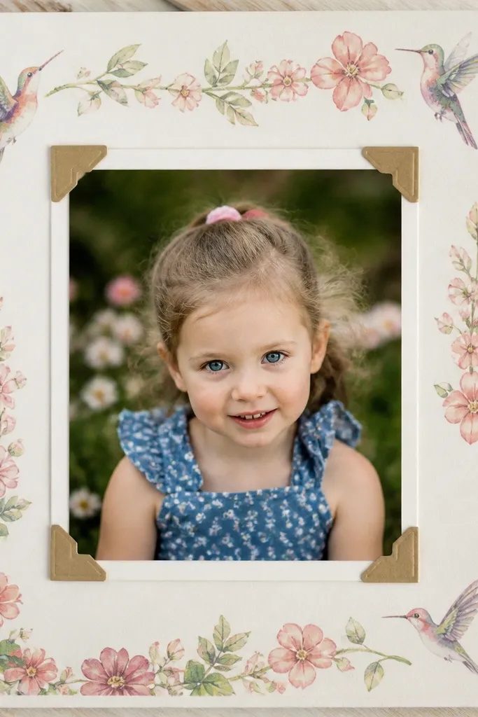 Scrapbook page using a greeting card frame with corners