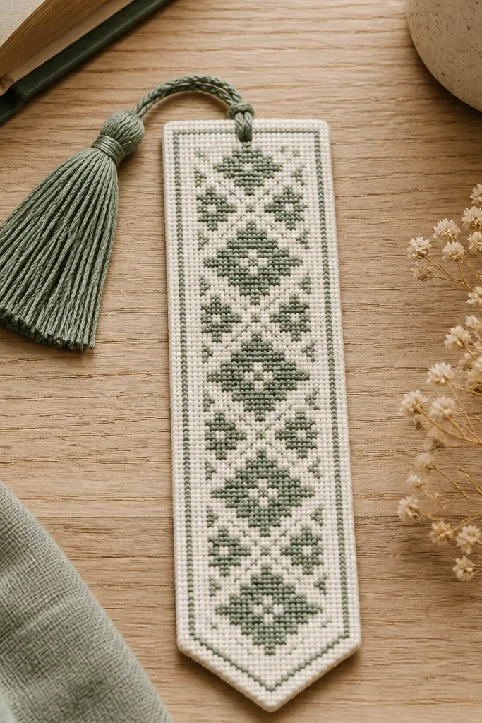A handmade fabric bookmark laid flat on a desk, stitched with a neat cross-stitch pattern in muted sage and cream, with a small tassel hanging from the top corner.