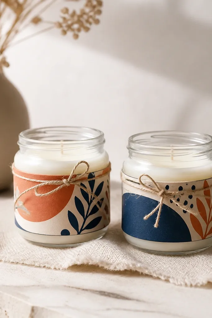 Two small glass jars with white candle wax, each jar wrapped with a hand-painted label band in navy and terracotta, plus a thin twine bow.