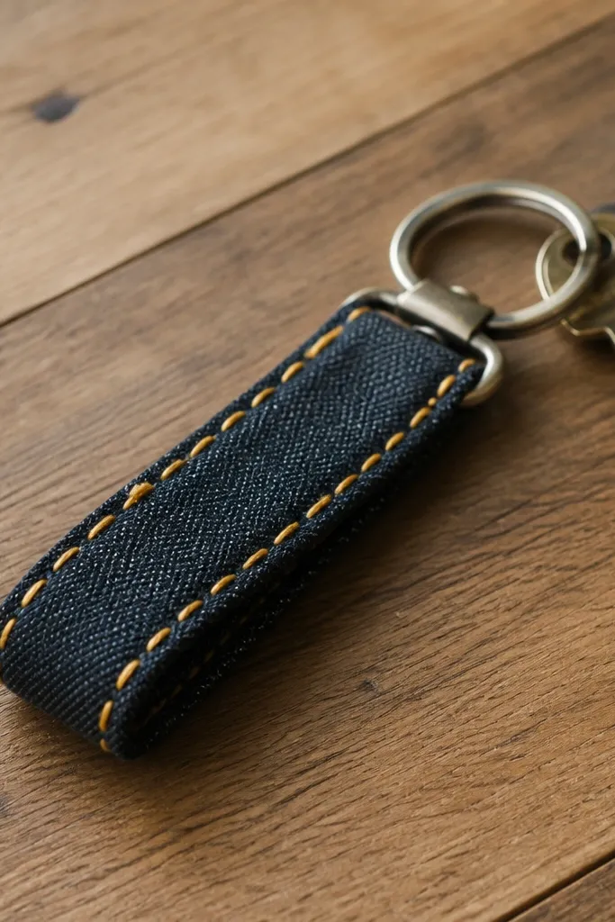 A key fob made from a strip of dark denim with visible hand stitching in bright yellow thread, clipped to a metal keyring on a wooden table.