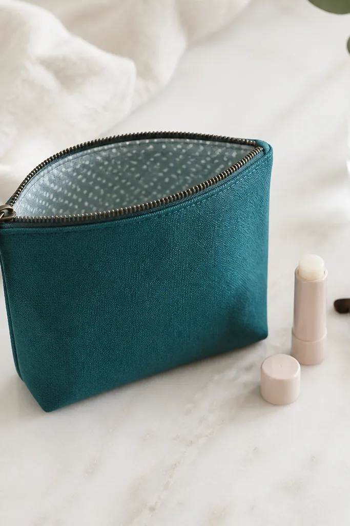 A small zip pouch with a zipper along the top, fabric outside in teal cotton and inside in a tiny white dot print, sitting next to lip balm and sunglasses.