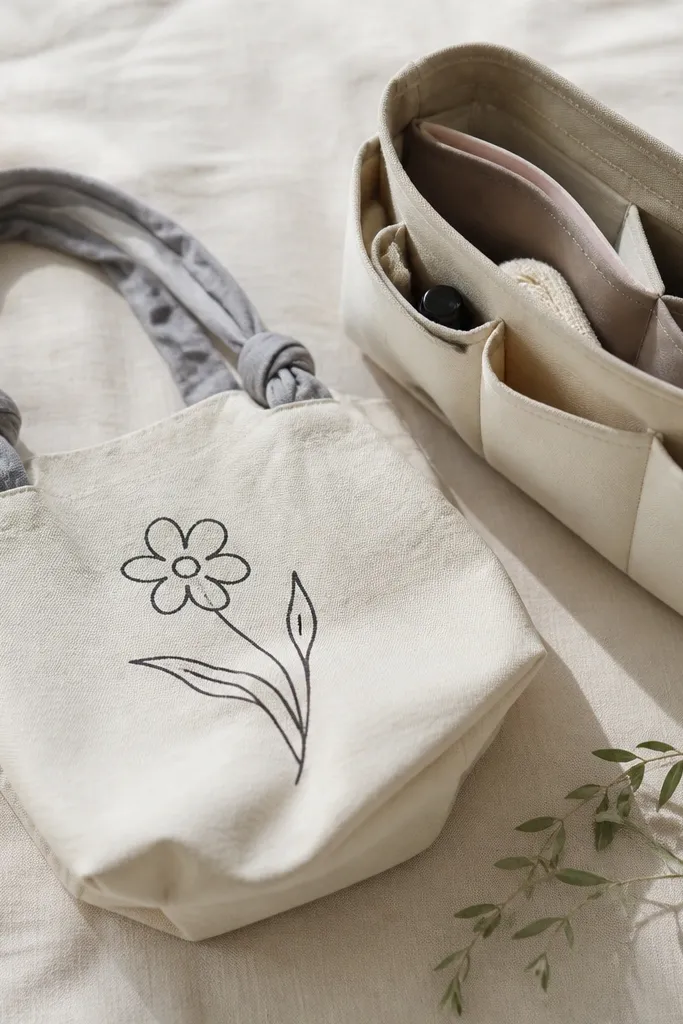 A small canvas tote bag with handles made from a cut-up t-shirt, printed with a single-color line drawing in black, laid beside a tote organizer.