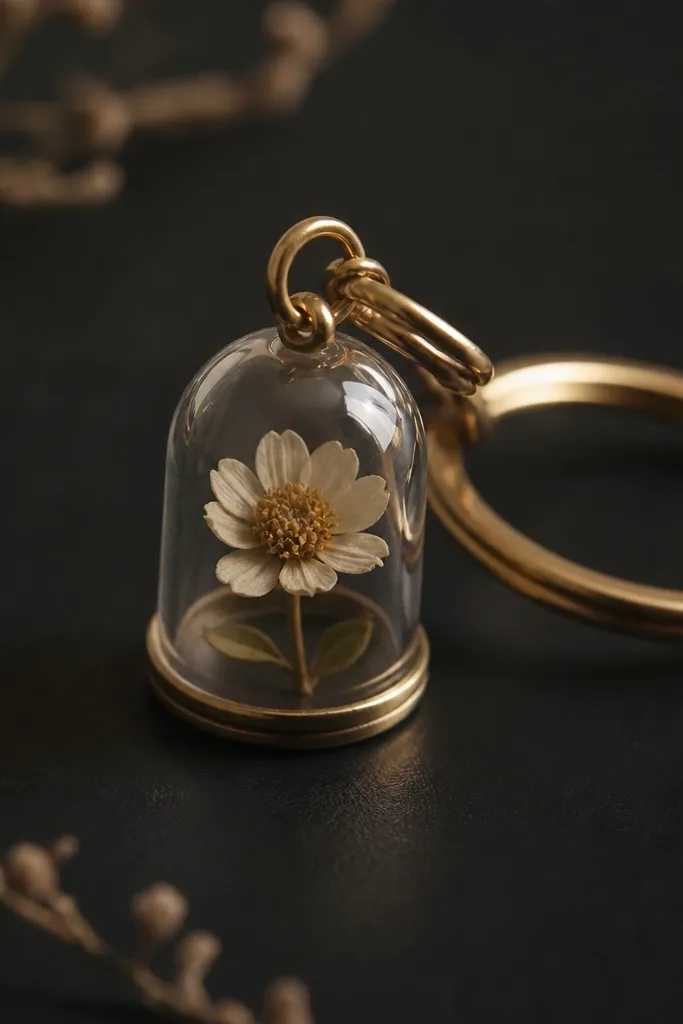 A small clear dome charm on a keychain, with a pressed dried flower inside and a gold jump ring, photographed against a dark background.