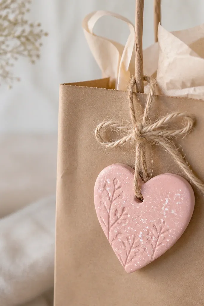 A small heart-shaped ornament made from air-dry clay, stamped with a tiny pattern, painted in blush pink with a white speckle top coat, tied to a gift bag handle.