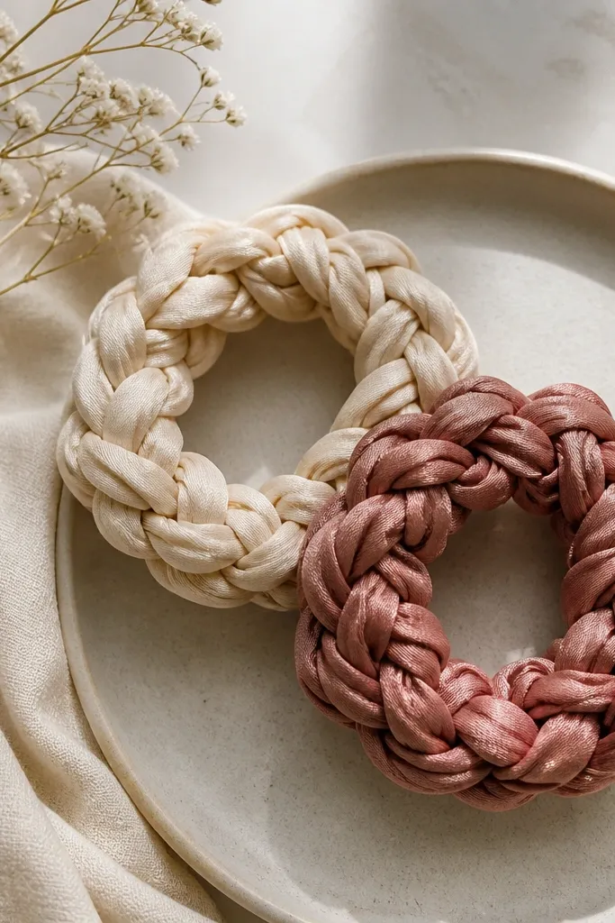 Two scrunchies made from braided fabric strips, one in cream and one in dusty rose, with visible braid texture and soft sheen.