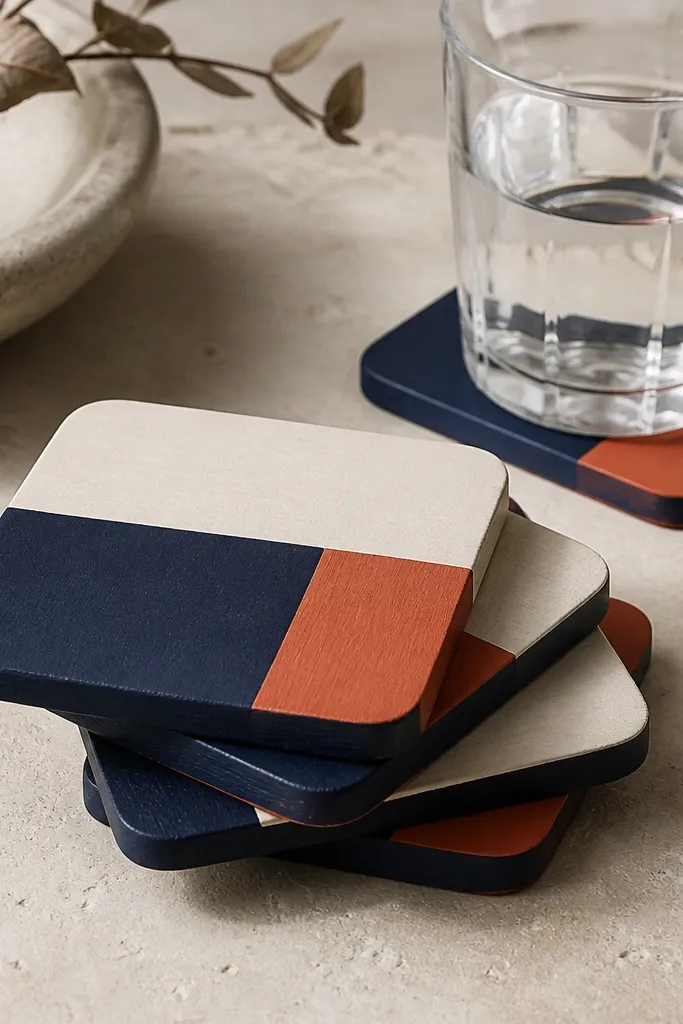 Four square wooden coasters painted in navy, cream, and terracotta color blocks with clean edges, photographed stacked with a small glass of water.