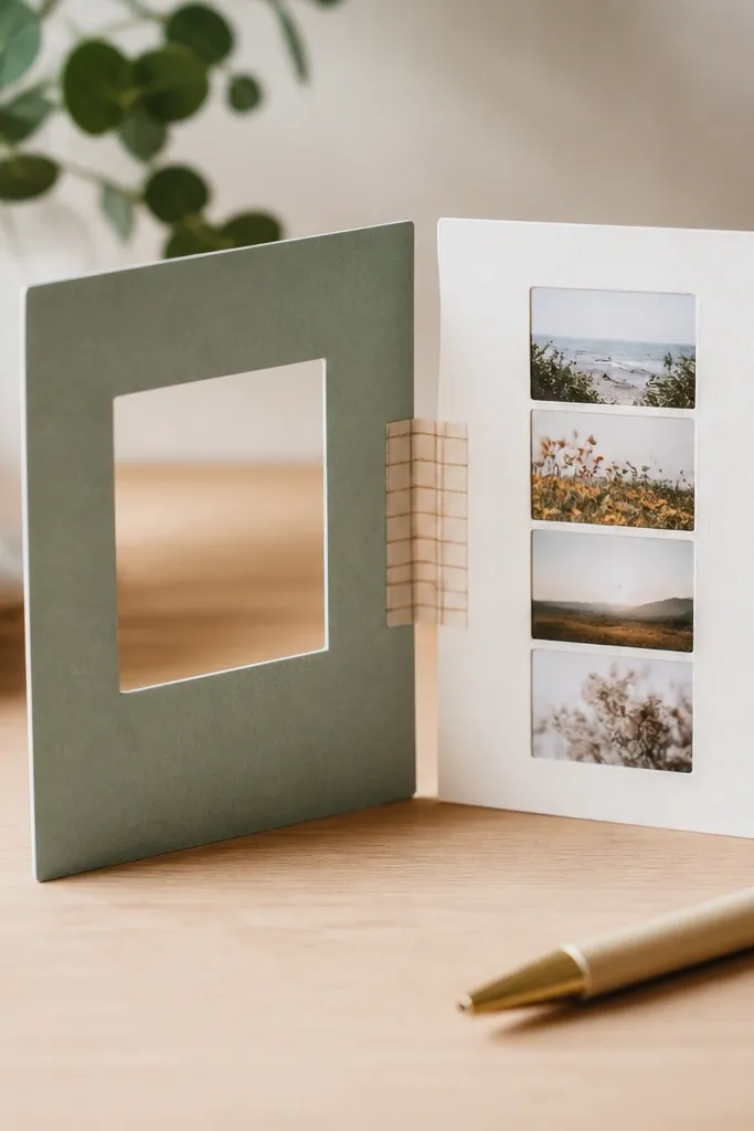 A small picture frame made from cardstock with a washi tape hinge, holding a strip of four tiny photos, mounted on a desk with a pen.