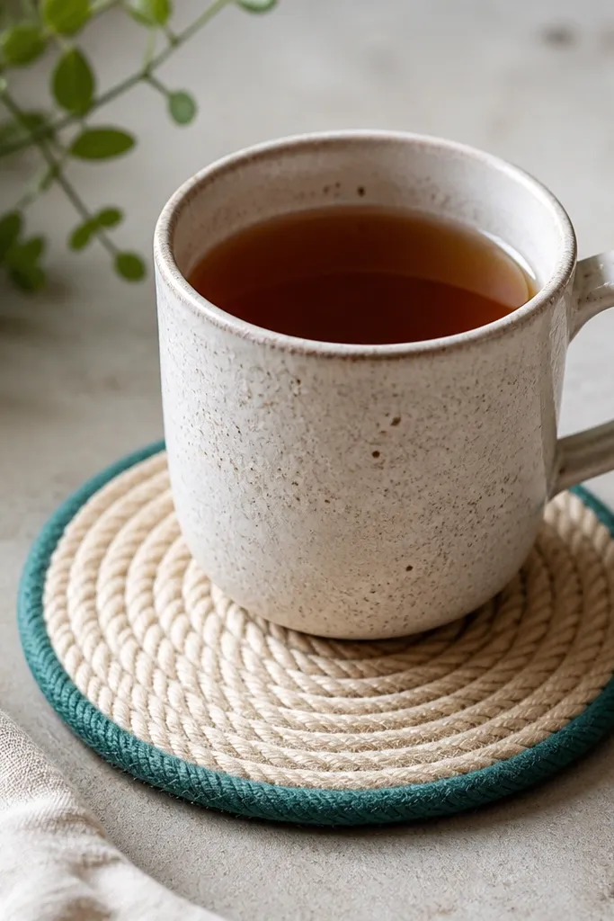 A round coaster made from braided rope, with a thin painted edge in teal, set under a mug of tea.