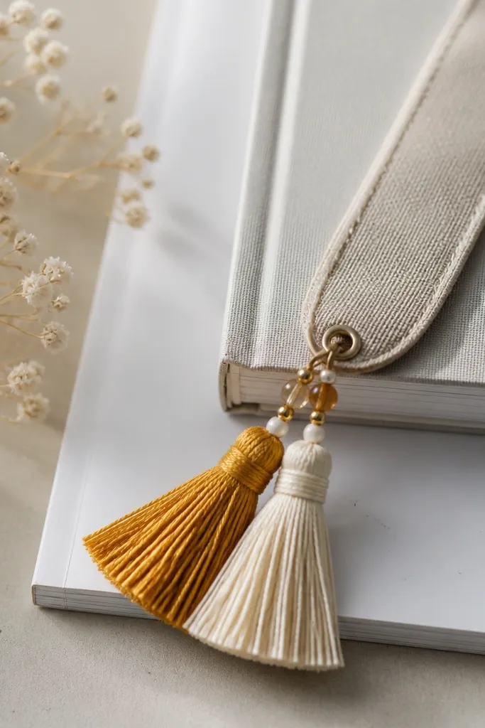 A fabric bookmark with layered tassels, one tassel in mustard and one in cream, with tiny glass seed beads catching light.